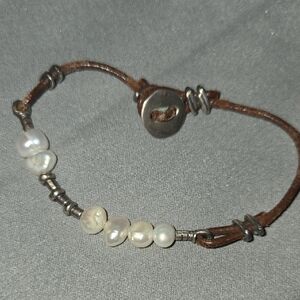 Silpada Pearl and Silver Bracelet on Brown Leather